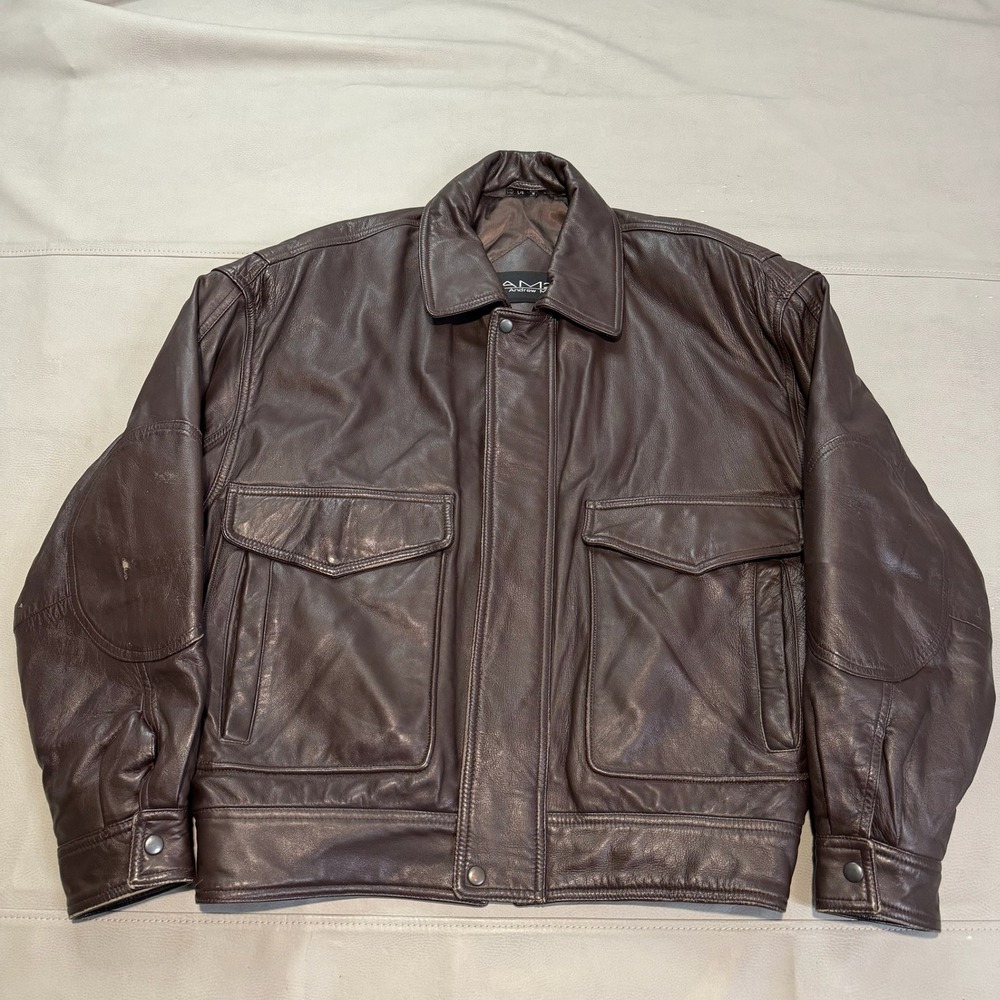AM2 Andrew‎ Marc Men Brown A-2 Pilot Elbow Patch Leather Bomber Jacket Zip L Y2K